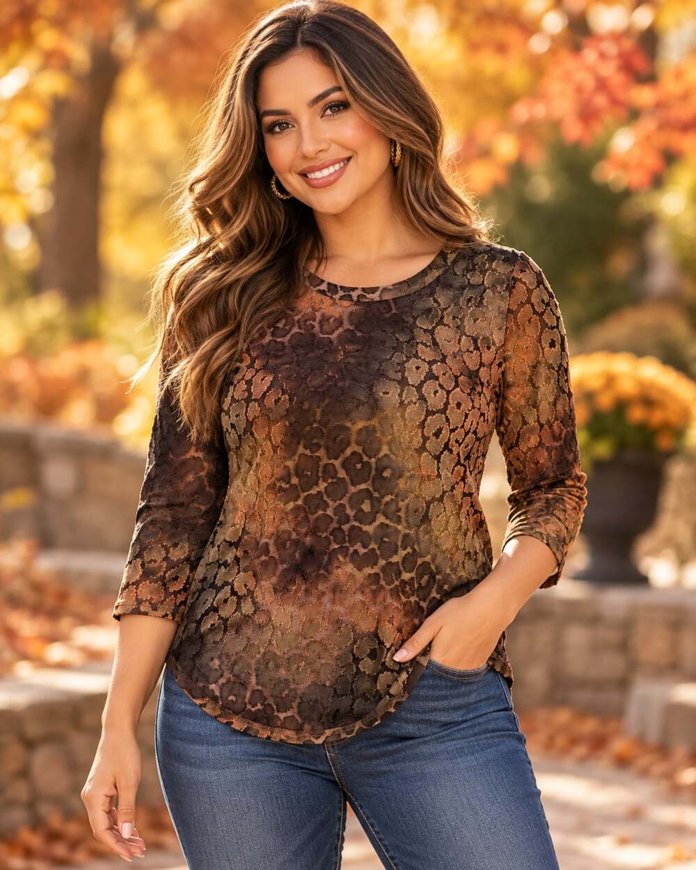 Calessa Animal Burnout Top Size M Gold Multi 3/4 Sleeve